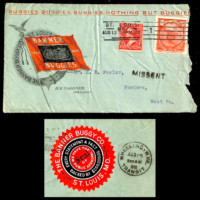 Roughly opened envelope mailed from St. Louis in August 1900. Front shows a Poster Stamp advertising the World’s Fair in 1903 (later delayed to 1904), and the back detail shows another cinderella, an advertising seal for Banner Buggies, the company which mailed the letter.
