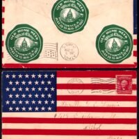 Cover mailed from Providence, Rhode Island to Athol, MA on July 3, 1907. The back of cover has 3 Old Home Week seals for July 28-Aug 3, 1907. Seals show the state capitol building drawn on an antique bottle. Envelope with flag front probably dates from the Spanish-American war.