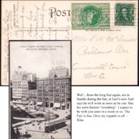 Postcard mailed from Seattle WA to Portland OR, June 15 1909. The poster stamp for the Alaska Yukon Pacific Exposition shows the logo of the fair. This stamp is unlisted and assumed R. Picture side of the card shows Pioneer Square of Seattle in 1909.