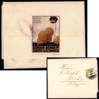 A wrapper was used to mail a magazine or newspaper in Zurich to a local address on May 1, 1909. The paper was fastened with a poster stamp for the October Gordon Bennet race of 1909 in Zurich. Printer of the stamp was J.E. Wolfensberger of Zurich. The stamp was tied with a private handstamp for local business Julius Bär & Co.