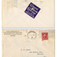A previously undocumented Poster Stamp promoting the 1909 “Cement Show Chicago”. The stamp is tied to the back of a cover, mailed from The Garden City Sand Co., a likely exhibitor. Sent to Virgil M. Brand, president of Brand Brewing Co., and local civic leader.