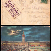 Postcard from San Francisco to New York City, mailed May 1909. "Raisin Day" promotional sticker, unknown source, probably by a grape/raisin producer association, a rare survivor.