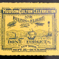 1909 stamp for the Hudson-Fulton Commemoration; inscription "Standard Eng. Co. NY", printer. Wilbur Wright fastened a canoe to the bottom of his Flyer and made demonstration flights around the Statue of Liberty and up the Hudson River, September 29 & October 4.