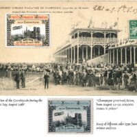 1909 Poster Stamp for Grand Week of Aviation Airshow and races in Reims, France. Type 1 stamp on real picture postcard of airshow. Very rare Essay of second color scheme shown below the card, from archives of the printer, Bron and Borquin of Reims, still in business.