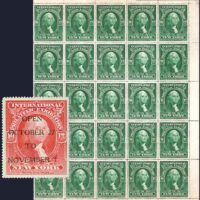 Pane of the stamp printed to promote the New York International Philatelic Exhibition, 1913. Sheet 8.5”x 11”; printed in six colors: red, blue, green, orange, olive, or maroon. The POD apparently complained about the similarity to actual postage stamps, and many were overprinted “Open October 27 to November 1” in black. Rated Common, but scarce in full panes.