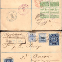 Desirable registered cover from the new Union of South Africa to the Panama Canal Zone, using 2 pre-Union stamps. This 1913 cover from Johannesburg has a pair of the labels for the Agricultural Show on the cover back, tied by May 13 cancels.