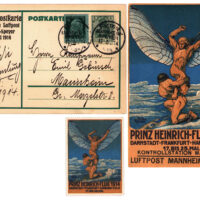 The Prince Heinrich airplane race did not stop in Mannheim, but Mannheim took part anyway. The postcard says “For your Collection, 17 May 1914”, with a Flugpost cancel. Postcard images matching a Poster stamp make it easier to see the artist’s name (Hans Kaufman Traunstein), as well as showing more event information.