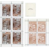 Denmark – Women’s Exhibition 1914, Esbjerg showing two different designs by Anna Munch and Agnete Varming. One sheet shows two columns tête-bêche, the other sheet shows one stamp se-tenant with 3 others.
