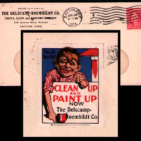 An advertising stamp from the back of a letter for a paint store wants you to clean up your house, using a boy who looks like Alfred E Newman. The cover and stamp date from 1915; Icon Alfred Newman from 50 years later. Stamp by The Strobridge Litho Co., Cincinnati & New York.
