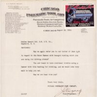 1916: a Poster Stamp is pasted on a sales letter for Chicago Pneumatic Tool Co. showing how ad stamps were often used. Stamp is 55 x 70 mm, printed using 4 colors: black, scarlet, gray, & gry-blue. Artist and printer unknown. Chicago Pneumatic Company, begun in 1901, still exists.