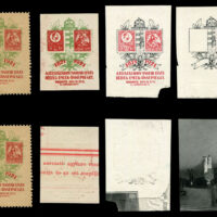 Hungary - Philatelic Exhibition celebrating the 50th anniversary of Hungarian postage stamps in 1921. A group of proofs for one design that was ultimately printed in a sheet of 6 stamps (this and a different design, se-tenant). Printers frequently used whatever scrap paper was at hand for trial prints.