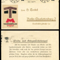 A postcard with Magdeburg Theater Exposition stamp and postal cancel with matching show logo. Preprinted back with message: the card was sent by a collector of advertising and commemorative cancels asking for other cancellations on postcards and envelopes. Stamp artist Karl Schulpig.