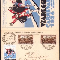 This card was made to be folded and mailed, inside is a schedule of events for the pre-Lent Carnival season of February 1934. The front art, signed by Uberto Bonetti, became a poster stamp pasted on the mailer side. As with many big events in Italy, the art mentions a reduced train fare to get to the fairs, the towns of Viareggio, Camaiore, Pietrasanta, and Forte dei Marmi.