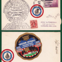 Park related in keeping with the theme of PSB #335 for December. Cover for an airport opening at West Yellowstone, Montana, a town just west of Yellowstone National Park. Sent airmail with inadequate 3¢ postage, with 2 hotel stickers on front and back, and with large Union Pacific Rail advert sticker on the back.