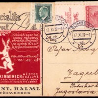 An angry rabbit doesn't like Primos brand "cheap reed fencing that lasts 10 years" on a poster stamp pasted on a package card mailed to Zagreb, Yugoslavia from Ruzomberok, Czechoslovakia (now in Slovakia) in 1937.