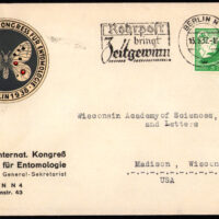 Cover airmailed the 15th of September 1937 from Berlin to a state non-profit group in Madison WI. The return address is at bottom left on the cover, at upper left is a circular seal promoting the upcoming 8th International Congress of Entomologists. The cancel advertises “pneumatic tube post saves time”