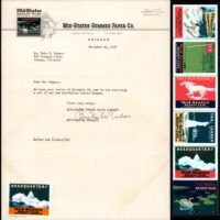Mid-States Gummed Paper Co. was giving away its poster stamps, as shown by this letter of 1937, with an enclosure of 6 stamps shown at right. Strip size 2.25 x 10.5 inches; artist & printer unknown.