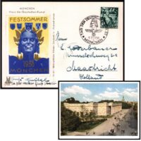 Postcard front using a Poster Stamp by artist Ludwig Hohlwein; Summer Festival in Munich. On the other side is a picture of the Museum festival site. Mailed to Holland, July 1938. Stamp uses gold ink for lettering, city silhouette, and butterflies about the woman’s head.