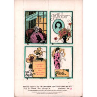Mother's Day pane of 4 stamps, dated 1938. "Officially Approved by the National Poster Stamp Society ... Certificate No. 59...sent postpaid to any address for 15 cents.” Each stamp has the logo of the National Poster Stamp Society at bottom left.