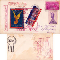 May 1938 airmail cover for the opening of a new route, with 2 Cinderellas on the front. The Air Mail etiquette is for Northwest Airlines, the carrier on this route. The Railway Express Agency, seen on an advertising stamp, was a package delivery company created during the World War 1 by the government for all railroads, it survived until 1975.