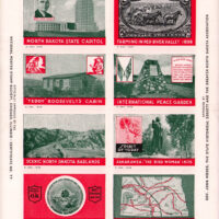 Pane of North Dakota promotional stamps, in the margin “issued by North Dakota Philatelic Association” “Approved by the National Poster Stamp Society…Certificate No. 77”. Scarlet, blue-grey, and black inks; Size 6.5” x 8.25”; rouletted. Small notes at base: Midwest Printing Co., Fargo, N.D./ Plate No.4/ Copyright 1939.