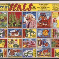 1942 World War 2 era pane of "Happy Li'l Seals" by artist Reginald Manning, editorial cartoonist for the Arizona Republic. Approximately 8.5" x 10.75"; self-published and obviously intended for sale in Arizona only. Labeled "Series No. One", number two was issued in 1945; both printed by Curt Teich Co.