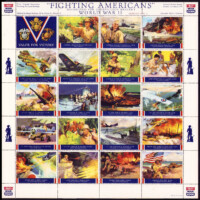 Pane of 20 dated 1943, honoring military heroes, ranging from obscure (nurse Anna Bernatitus #8) to famous (admiral “Bull” Halsey #3). Publisher R.L. Parkinson, Chicago; Artist Louis V. Bonhajo (1885-1972). Bonhajo painted art for several Chicago produced poster stamp series in the 1930’s-40’s, including one well known set on the life of Abraham Lincoln. Printed by halftone offset process, pane 10.4”square.
