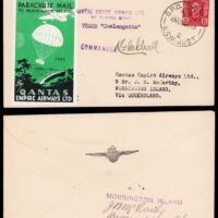 1943 (World War 2 era) souvenir cover airmailed from Sydney, Australia to a small island on the north coast, Mornington. The Christmas Day signature on the back is J.B. McCarthy, a missionary who served as ruler of the island. The airplane carrying the mail was the "Coolangatta", with pilot's signature on the front. The cover is trapezoidal, no doubt wartime quality.