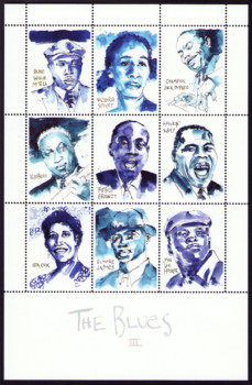The Blues Sheet III, set of 3 5.5" x 8.5" panes of 9 stamps, artist James Terman, The Portland Stamp Co. No.33, Oregon 2022