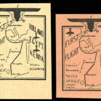 1920s / 1930s “First Flight” poster stamps for a proposed flight by John Carberry from Amsterdam to Nairobi in his Fokker monoplane named “Miss Africa”. But the backstory of this colorful character is fascinating: “Carberry was a member of a notoriously debauched group of colonial ex-pat aristocrats who inspired the 1987 film White Mischief.”