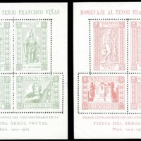 Spain - set of two souvenir sheets, each consisting of 4 different stamps. The sheets pay homage to Spanish operatic tenor Francesc Viñas (1863-1933), renowned for his performances of Wagner. The sheets were issued in 1954, for the 50th anniversary of the annual Fiesta del Árbol Frutal, (Festival of Fruit Trees).