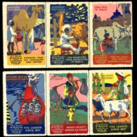 Poster stamps advertising Eagle Brand Condensed Milk by the Carl Borden Company - set of 12 stamps depicting milk sources and delivery methods from around the world. Probably published in 1915 - two of the stamps make reference to the Grand Prize award in San Francisco in 1915 (at the Panama Pacific International Exposition).