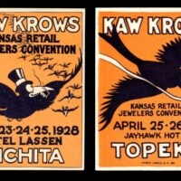 Kansas Retail Jewelers Association- one is for a convention in Topeka and undated (but probably 1927), the other is dated 1928, for the convention held in Wichita. Both stamps depict crows wearing top hats and smoking cigars, with the title "Kaw Krows", which was an organization of traveling salesmen and manufacturers. The Phenix Label Company of Kansas City, Missouri.
