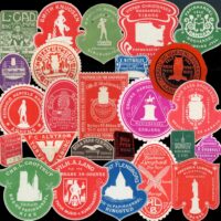 Embossed, die-cut labels – the concept for these was derived from wax letter seals. Some collectors do not consider these “true” poster stamps, but they can be found in most collections. Many are highly decorative and were produced for event publicity. These are all commercial advertising for booksellers in Denmark.