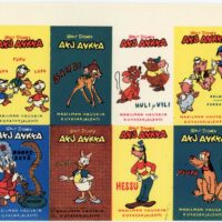 Aku Ankka – Finnish for Donald Duck – Block of 12 poster stamps. The cartoon magazine Aku Ankka was launched in Finland on December 5, 1951 – Walt Disney’s 50th birthday. Still going strong, it is one of the most popular weekly magazines in Finland. Stamps are probably from the 1950s.