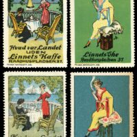 Denmark poster stamps advertising Anton Linnet’s Coffee and Tea business, c1913. Top stamps printed by Peder Nørredam of København, with artist attribution to Harriet Fischer. Bottom stamps printed by Chr. Olsen of Aarhus. There are four different Linnet stamps with slightly altered images between the two printers.
