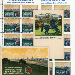 Denmark - The Cooperative Farmers' Associations' Livestock Show, along with the Community Livestock Show, was held in the Fælledpark (Community Park) in Copenhagen July 3-6, 1913.
The park was built from 1908 to 1914 by landscape architect Edvard Glæsel. Text on the sheet margins reads: "Please stick on letters, packages, etc."