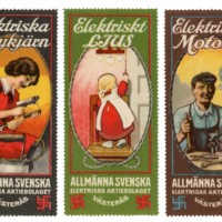 Sweden – set of three poster stamps advertising ASEA – Allmänna Svenska Elektriska Aktiebolaget (General Swedish Electrical Limited Company). The company was founded in 1883 in Västerås by Ludvig Fredholm to manufacture electric lights and motors. They later added household appliances.