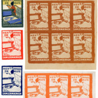 Denmark - Andreasen & Lachmann - #400 in their numbered series, advertising their own poster stamp production - "Here are Printed the Genuine Poster Stamps". Design by Valdemar Andersen - finished stamp plus perforated and imperforate proofs.