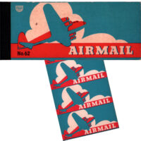 Airmail etiquette stamps booklet 2.25” by 4”. 5 pages, each of 4 rouletted stamps, circa 1940 by plane style. Printer logo “Eureka Specialties ESPCO, Scranton, PA.” upper left. Lithographed in scarlet and sky-blue inks.