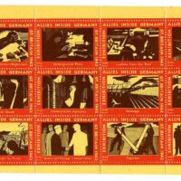 Pane of 12 poster stamps sold for 1d per stamp (1 Shilling per sheet) to benefit and publicize the traveling exhibition titled "Allies Inside Germany". The exhibition was first opened in July, 1942, in an unoccupied store in Regent Street. The exhibition was organized by the "Free German League of Culture", a social and cultural center for German and Austrian refugees in opposition to the Nazi government in Germany. The images on these fundraising stamps depict scenes of underground and resistance activity in Germany during the war.