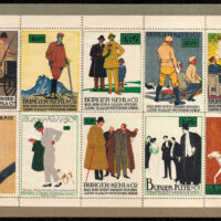 Fashion for the well dressed Swiss man, Burger-Kehl is the store chain. Only one stamp has a printer inscription, Fretz Brothers Zurich; Pane 8.25" x 4.8". Artists Ludwig Hohlwein 1 top row, 1 & 2 bot. row; Emil Cardineaux 2 & 3 top row, 3 & 4 bot. row; Burkhard Mangold 4 & 5 top row; Stephan Krotowski 5 bot. row. Pre WW1.