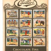 Page from a printed Cailler Fine Chocolate album for their ad stamps; series 17 Ancient Games. The album page is approximately 9”x 11”. Note that inscriptions are in French & German. The total number of stamps and album pages is unknown. The Swiss company Cailler, founded in 1819, is still in business, but as a branch of Nestlé.