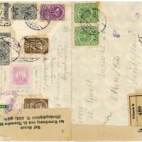 Censored cover (opened) from Villach, Austria to Aker a/Elbe, Germany c.1920. With an odd poster stamp from “Bund International” in Chemnitz, Germany labeled as “Marke Nr. 8” and depicting a Danish postage stamp. I have never seen any others from this series.