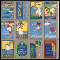 "Chicago The Summer Resort" pane of 12. Printer inscription at base: The Posterette Co © The Chicago Tribune. Although the names are difficult to read, several artists worked on the set of designs: Davidson, Paul Orban, Ned Evens, D. Valentine; circa 1915.