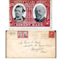Poster Stamp honoring Egbert Bagg (1850-1915) - celebrating his 30th anniversary as a registered insurance agent. Used on a cover from his office in 1905. The Bagg family has been prominent in Utica, NY history since the early 18th century. Egbert Bagg was also a renowned amateur ornithologist.
