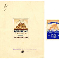 Denmark - Original Artwork for Poster Stamp promoting Købestævne (Trade Fair) in Fredericia. Hand painted essay on card in the approximate size of the finished poster stamp. Produced by the advertising agency Weber & Sørensen, founded in Aarhus in 1879. Design depicts the "Købestævnets Bygning" (Trade Fair Building), designed by architect Oscar Gundlach-Pedersen, and built in 1915. Originally intended for the 1932 Købestævne, the design was slightly modified and used for the poster stamp promoting the 1933 fair.