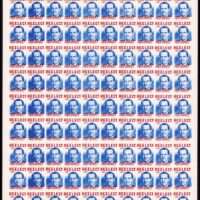 A printer's proof pane, imperforate, not gummed. From the presidential campaign of 1972. It's amateurish and sloppy. One can see that the rows are uneven, Nixon's face is darker in shaded areas on some stamps, and the font for REELECT was hand-drawn at a grade school level. It was issued anyway. Nixon campaign portrait