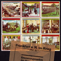 World War 1, Frankfurt, Germany. Series #4 of 4, a pane of 9 designs sold in the glassine shown, for 30 pfennig. "Commemorative Stamp for War Welfare". The pane was folded to fit in the envelope; surviving panes are all very weak at the perforations. See Jackson For God, Kaiser, and Fatherland, pg. 86 for captions.