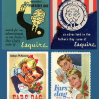 Father’s Day assortment. Above, 1941 & 1942 stamps from Esquire magazine. Below, two Swedish stamps, one with the slogan “a good home, good citizens”. Northern Europe celebrates Father’s Day the second Sunday in November, although many countries around the world use the third Sunday in June, as in the US.
